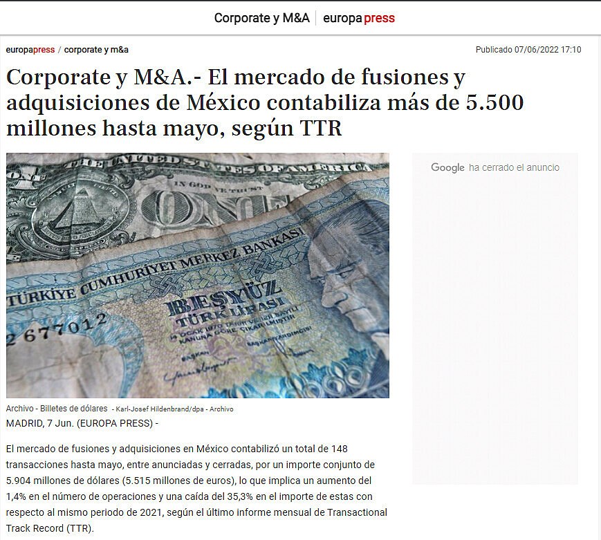 Corporate y M&A.- El mercado de fusiones y adquisiciones de Mxico contabiliza ms de 5.500 millones hasta mayo, segn TTR